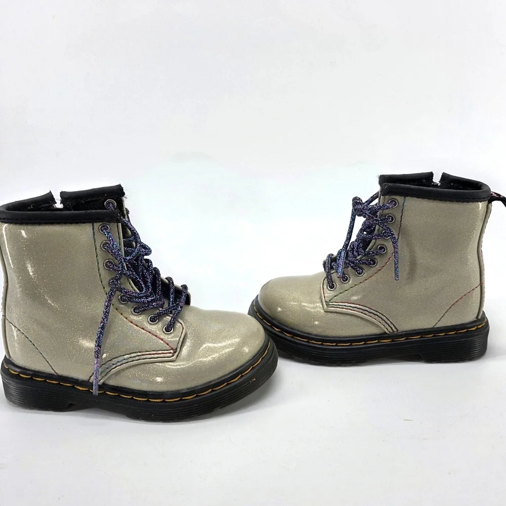 Dr Martens Sparkle Rays Boot Toddler 7 Silver Glitter Rainbow Stitch Combat 1460